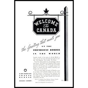 1940 Canadian Travel Bureau Welcome to Canada Sign Vintage Print Ad Wall Art